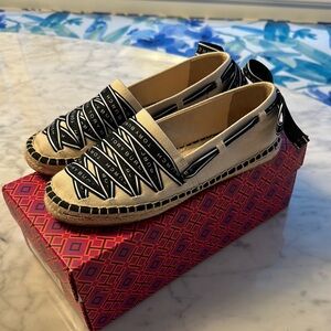 Tory Burch Cream and Black Logo Ribbon Espadrilles 7